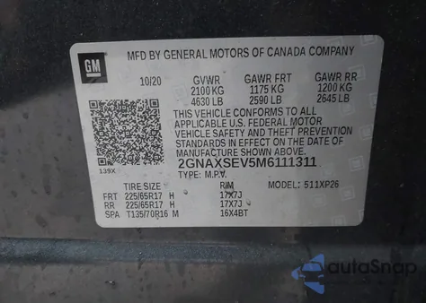 2021 Chevrolet Equinox Awd Ls z USA, uszkodzony, nr VIN 2GNAXSEV5M6111311